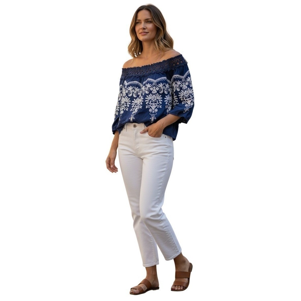 Flying Tomato Navy 100% Cotton Embroidered Crochet Off Shoulder Boho L - Picture 1 of 7